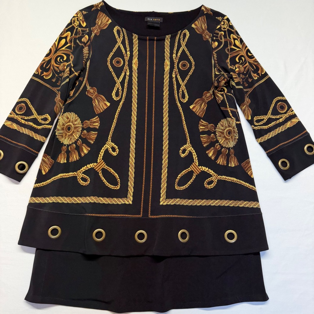 Eva Varro Tunic Dress Black Gold Baroque Rope Tassel Print Grommet 3/4 SleeveTop